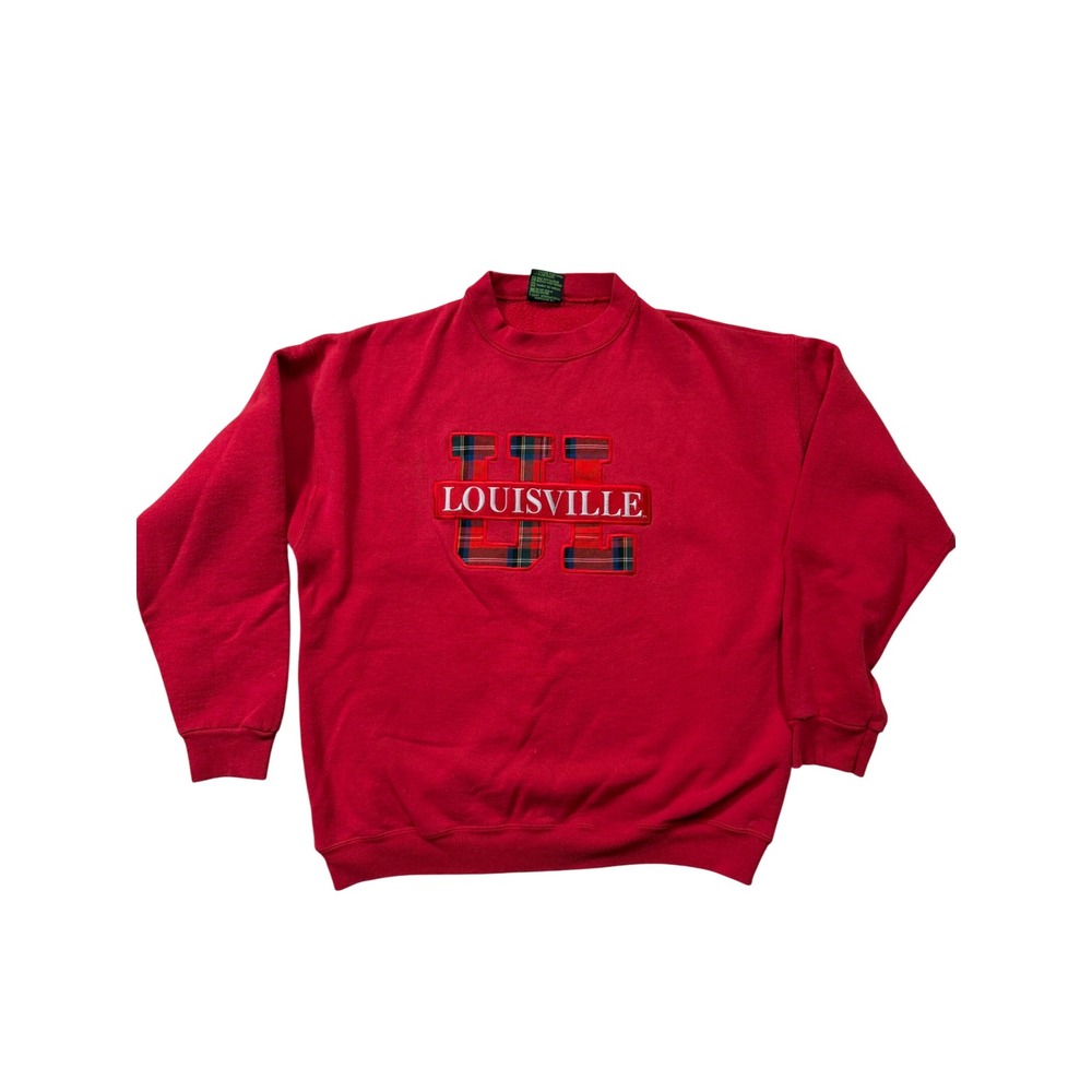 Vintage 90s Louisville Cardinals Plaid Appliqué Embroidered Crewneck SweatshirtT